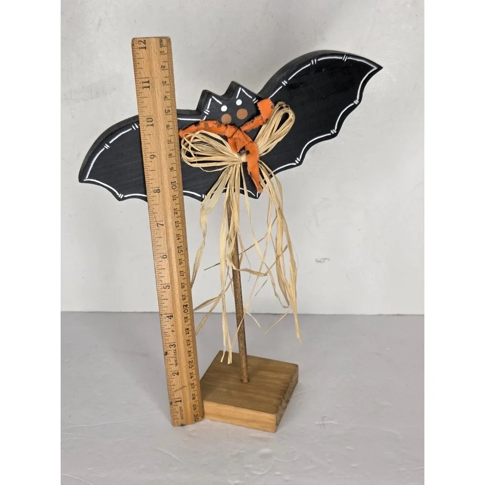 Halloween Wooden Bat Figurine Primitive Rustic Decor Black Orange Raffia